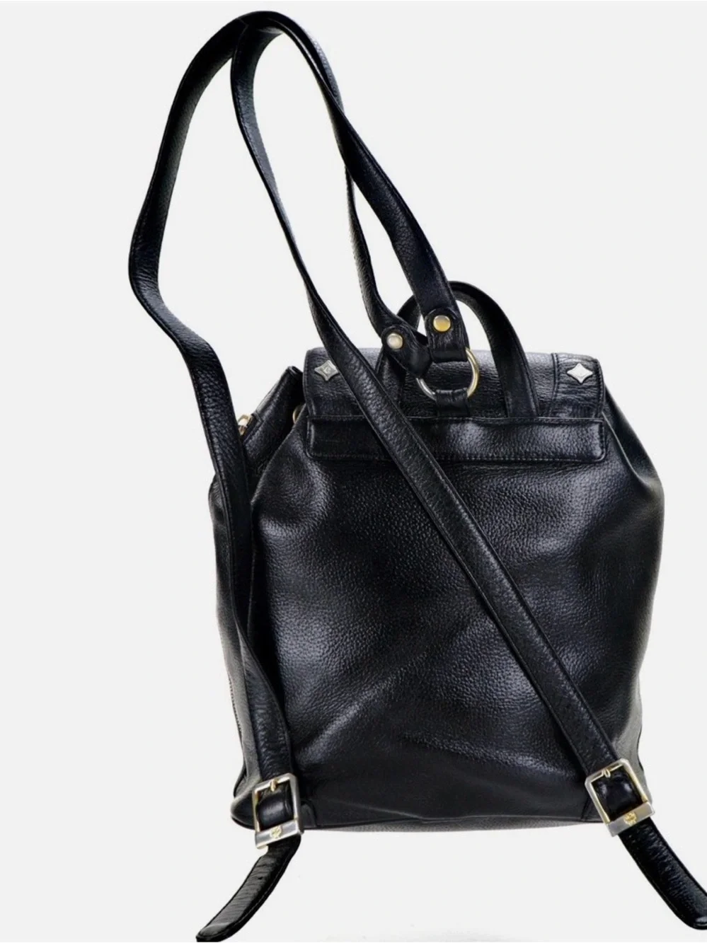 MCM Black Leather Drawstring Backpack (magnetic snap is missing)